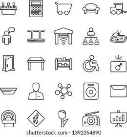 Thin Line Icon Set - waiting area vector, bomb in case, disabled, fork loader, speaking man, hierarchy, tomography, tulip, rack, film frame, radio, share, speaker, user, meeting, mail, pond, table