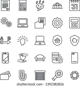 Thin Line Icon Set - waiting area vector, gear, calculator, notebook pc, brainstorm, greenhouse, heart diagnostic, hand, route, news, cell phone, laptop, back, calendar, paper clip, document folder