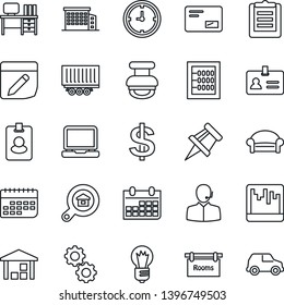 Thin Line Icon Set - waiting area vector, identity, dollar sign, desk, bulb, calendar, truck trailer, clock, term, clipboard, warehouse, laptop pc, mail, scanner, notes, drawing pin, abacus, support
