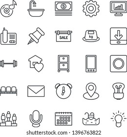 Thin Line Icon Set - waiting area vector, gear, mail, pedestal, barbell, pin, cash, heavy, microphone, radio phone, paper, mobile, alarm, record, download, music, calendar, monitor statistics, pool
