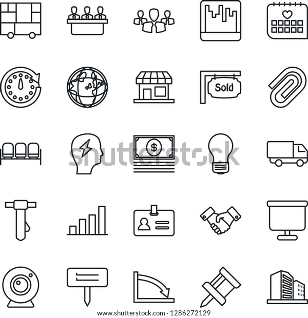 Thin Line Icon Set - waiting area vector, identity,
handshake, tie, brainstorm, bulb, plant label, medical calendar,
car delivery, consolidated cargo, scanner, presentation board,
drawing pin, group