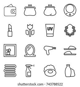 thin line icon set : wallet, purse, necklace, lipstick, perishable, uv cream, hawaiian wreath, flower in window, mirror, hair dryer, slippers, towels, sprayer, soap, shampoo