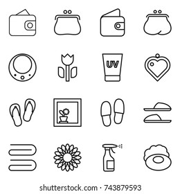 thin line icon set : wallet, purse, necklace, perishable, uv cream, heart pendant, flip flops, flower in window, slippers, towel, sprayer, soap