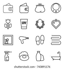 thin line icon set : wallet, purse, necklace, perishable, uv cream, hawaiian wreath, heart pendant, flower in window, hair dryer, slippers, towel, sprayer, soap, shampoo, bath