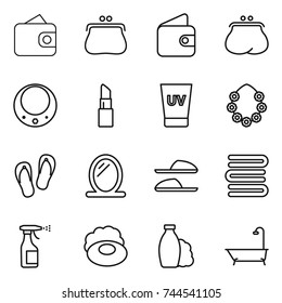 thin line icon set : wallet, purse, necklace, lipstick, uv cream, hawaiian wreath, flip flops, mirror, slippers, towels, sprayer, soap, shampoo, bath