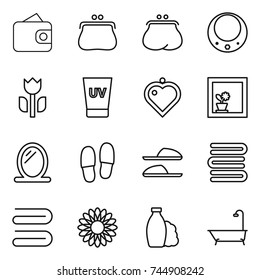 thin line icon set : wallet, purse, necklace, perishable, uv cream, heart pendant, flower in window, mirror, slippers, towels, towel, shampoo, bath