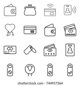 thin line icon set : wallet, purse, tap to pay, pass card, cardio chip, credit, label, identity, do not distrub, sheep, please clean