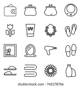 thin line icon set : wallet, purse, necklace, perishable, uv cream, hawaiian wreath, flip flops, flower in window, mirror, hair dryer, slippers, towel, shampoo