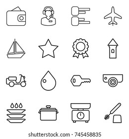 thin line icon set : wallet, call center, diagram, plane, boat, star, medal, tower, scooter shipping, drop, key, surveillance camera, plate washing, pan, kitchen scales, toilet brush