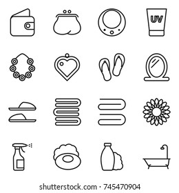 thin line icon set : wallet, purse, necklace, uv cream, hawaiian wreath, heart pendant, flip flops, mirror, slippers, towels, towel, flower, sprayer, soap, shampoo, bath