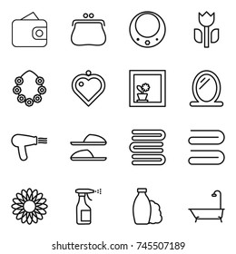 thin line icon set : wallet, purse, necklace, perishable, hawaiian wreath, heart pendant, flower in window, mirror, hair dryer, slippers, towels, towel, sprayer, shampoo, bath