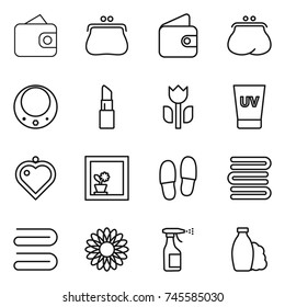 thin line icon set : wallet, purse, necklace, lipstick, perishable, uv cream, heart pendant, flower in window, slippers, towels, towel, sprayer, shampoo
