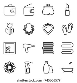 thin line icon set : wallet, purse, lipstick, perishable, hawaiian wreath, heart pendant, flip flops, flower in window, hair dryer, towels, towel, sprayer, shampoo, bath