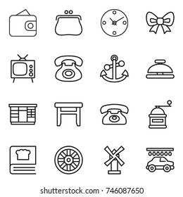 thin line icon set : wallet, purse, clock, bow, tv, phone, anchor, service bell, wardrobe, stool, hand mill, cooking book, wheel, windmill, car wash