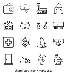 thin line icon set : wallet, cloude service, mansion, minaret, house, stadium, route a to b, railroad shipping, first aid, handwheel, windsurfing, surveillance camera, door, walnut crack, windmill