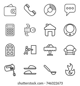 thin line icon set : wallet, phone, circle diagram, message, calculator, satellite, home, necklace, arch window, courier delivery, restaurant, armchair, mixer, slippers, ladle, fire