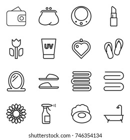 thin line icon set : wallet, purse, necklace, lipstick, perishable, uv cream, heart pendant, flip flops, mirror, slippers, towels, towel, flower, sprayer, soap, bath