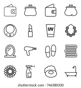 thin line icon set : wallet, purse, necklace, lipstick, uv cream, hawaiian wreath, mirror, hair dryer, slippers, towels, flower, sprayer, soap, bath
