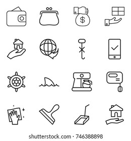 thin line icon set : wallet, purse, money gift, real estate, delivery, do not hook sign, mobile checking, handwheel, shark flipper, coffee maker, mixer, wiping, scraper, scoop, housing
