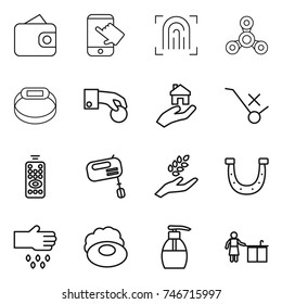 thin line icon set : wallet, touch, fingerprint, spinner, smart bracelet, hand coin, real estate, do not trolley sign, remote control, mixer, harvest, horseshoe, sow, soap, liquid, kitchen cleaning