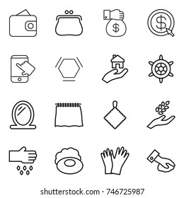 thin line icon set : wallet, purse, money gift, dollar arrow, touch, hex molecule, real estate, handwheel, mirror, curtain, rag, harvest, sow, soap, gloves, wiping