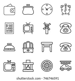 thin line icon set : wallet, purse, clock, alarm, abacus, tv, windmill, phone, service bell, dresser, stool, fireplace, wheel, car wash