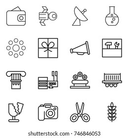 thin line icon set : wallet, satellite, antenna, round flask, around, gift, loudspeaker, tools, column, mall, flower bed, truck shipping, broken, camera, scissors, spikelets