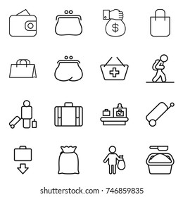thin line icon set : wallet, purse, money gift, shopping bag, add to basket, tourist, passenger, suitcase, baggage checking, get, flour, trash, washing powder