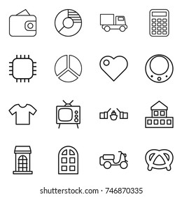 thin line icon set : wallet, circle diagram, truck, calculator, chip, heart, necklace, t shirt, tv, drawbridge, cottage, building, arch window, scooter shipping, pretzel