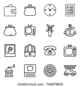 thin line icon set : wallet, purse, clock, abacus, tv, windmill, anchor, photo, dresser, phone, hand mill, cooking book, wheel, car wash