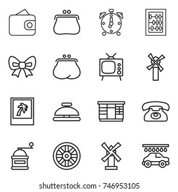 thin line icon set : wallet, purse, alarm clock, abacus, bow, tv, windmill, photo, service bell, wardrobe, phone, hand mill, wheel, car wash