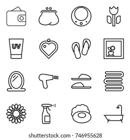 thin line icon set : wallet, purse, necklace, perishable, uv cream, heart pendant, flip flops, flower in window, mirror, hair dryer, slippers, towels, sprayer, soap, bath