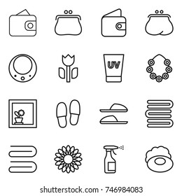 thin line icon set : wallet, purse, necklace, perishable, uv cream, hawaiian wreath, flower in window, slippers, towels, towel, sprayer, soap