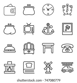 thin line icon set : wallet, purse, clock, alarm, tv, anchor, photo, service bell, dresser, stool, phone, fireplace, cooking book, windmill, car wash