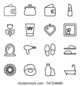 thin line icon set : wallet, purse, lipstick, perishable, uv cream, heart pendant, flower in window, mirror, hair dryer, slippers, soap, shampoo, bath