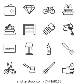 thin line icon set : wallet, diamond, bike, fountain, flower bed, rack, jellyfish, mixer, welcome mat, floor lamp, vegetable oil, big fork, scissors, turk, hand drop