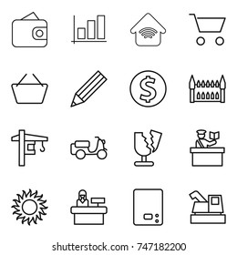 thin line icon set : wallet, graph, wireless home, cart, basket, pencil, dollar coin, gothic architecture, tower crane, scooter shipping, broken, inspector, sun, reception, kitchen scales, harvester