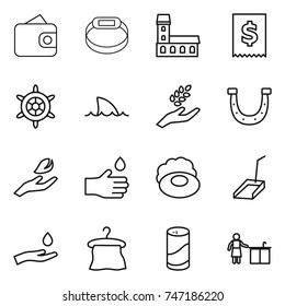 thin line icon set : wallet, smart bracelet, mansion, tax, handwheel, shark flipper, harvest, horseshoe, hand leaf, drop, soap, scoop, and, hanger, cleanser powder, kitchen cleaning