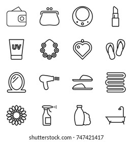 thin line icon set : wallet, purse, necklace, lipstick, uv cream, hawaiian wreath, heart pendant, flip flops, mirror, hair dryer, slippers, towels, flower, sprayer, shampoo, bath