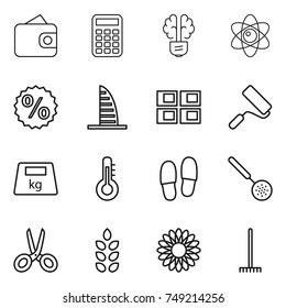 thin line icon set : wallet, calculator, bulb brain, atom, percent, skyscraper, panel house, repair, heavy, thermometer, slippers, skimmer, scissors, spikelets, flower, rake