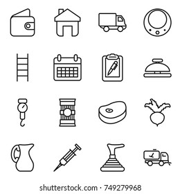 Thin Line Icon Set : Wallet, Home, Delivery, Necklace, Stairs, Calendar, Clipboard Pen, Service Bell, Handle Scales, Pasta, Steake, Beet, Jug, Syringe, Plunger, Call Cleaning