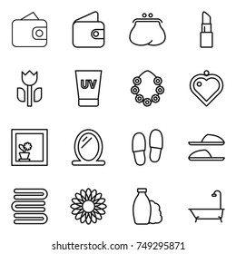 thin line icon set : wallet, purse, lipstick, perishable, uv cream, hawaiian wreath, heart pendant, flower in window, mirror, slippers, towels, shampoo, bath