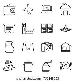 thin line icon set : wallet, plane, notebook, home, atm receipt, church, panel house, heavy, camera, vacuum cleaner, pan, hand mill, fork spoon plate