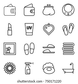 thin line icon set : wallet, purse, necklace, lipstick, uv cream, heart pendant, flip flops, flower in window, slippers, towels, sprayer, soap, bath