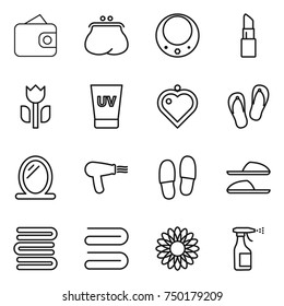 thin line icon set : wallet, purse, necklace, lipstick, perishable, uv cream, heart pendant, flip flops, mirror, hair dryer, slippers, towels, towel, flower, sprayer