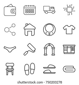 thin line icon set : wallet, calendar, truck, chip, molecule, home, necklace, t shirt, underpants, repair, arch, wardrobe, chair, slippers, towel