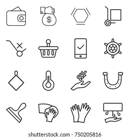 thin line icon set : wallet, money gift, hex molecule, cargo stoller, do not trolley sign, basket, mobile checking, handwheel, rag, thermometer, harvest, horseshoe, scraper, wiping, gloves