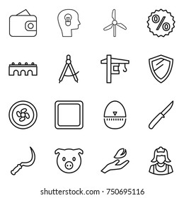 thin line icon set : wallet, bulb head, windmill, percent, bridge, draw compass, tower crane, shield, cooler fan, cutting board, egg timer, knife, sickle, pig, hand leaf, cleaner