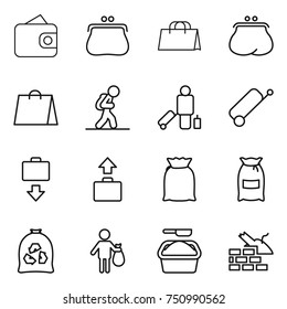 thin line icon set : wallet, purse, shopping bag, tourist, passenger, suitcase, baggage get, flour, garbage, trash, washing powder, construct