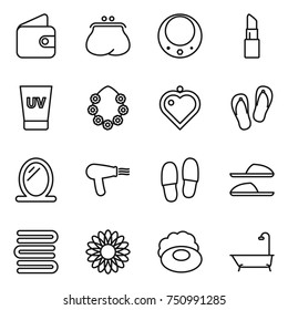 thin line icon set : wallet, purse, necklace, lipstick, uv cream, hawaiian wreath, heart pendant, flip flops, mirror, hair dryer, slippers, towels, flower, soap, bath